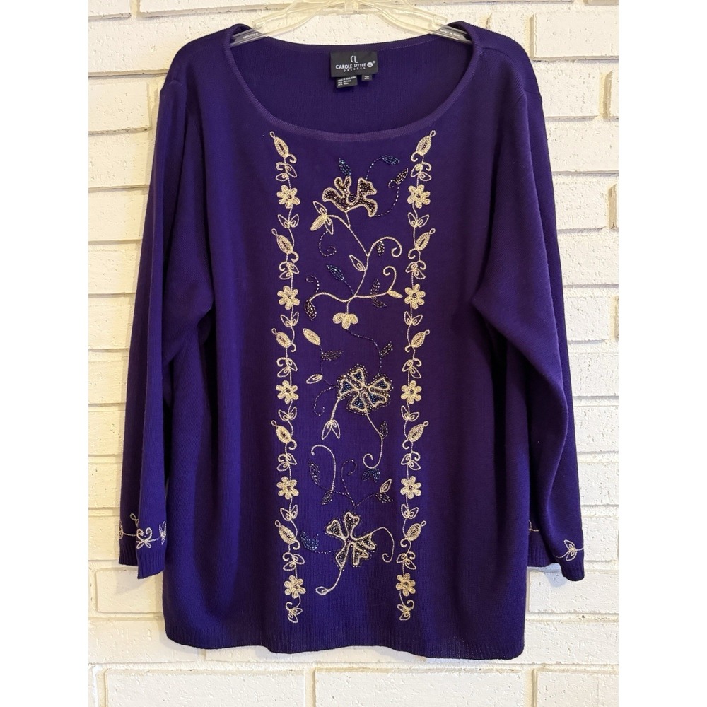 Vintage‎ Carole Little Purple Embroidered & Beaded Sweater Size 2X Wool Blend